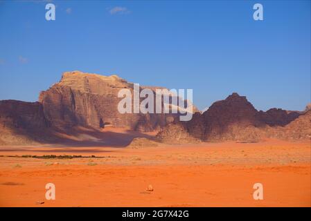 Wadi Rum - „das Tal des Mondes“, dargestellt als Mars in mehreren Hollywood-Spielfilmen Wadi Rum ist ein arabisches Märchen, das darauf wartet, entdeckt zu werden. Stockfoto