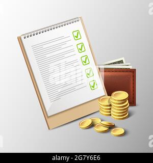 3d realistische Vektor-Ikone von Budget-Notebook, Brieftasche und Goldmünzen. Stock Vektor
