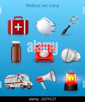 realistische 3d-Symbole für medizinische Zwecke. Verbandskastenbeutel, Maske, Lupe, Pillenflasche, rotes Telefon, Pillen, Ambulanzwagen, Megaphon und Rotlicht. Stock Vektor