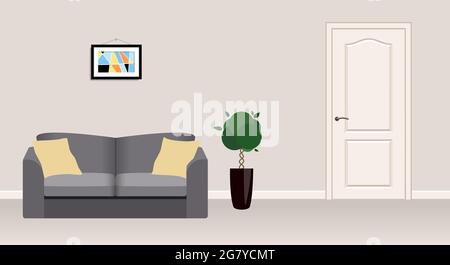 Rezeptionsbereich mit einem grauen Sofa vor der Tür. Stock Vektor