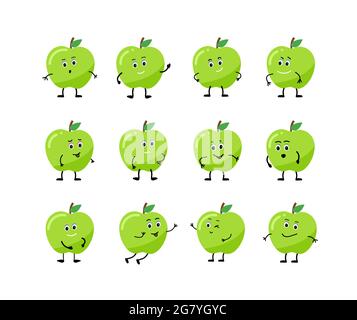 Set Cartoon Charakter Apfel mit verschiedenen Emotionen. Stock Vektor
