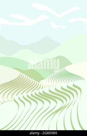 Reisfeld-Poster. Chinesische landwirtschaftliche Terrassen in der Berglandschaft. Neblige ländliche Farmlandschaft mit grünem Reisfeld. Terrassenförmig angelegte Bauernplantage. Asiatischer Agrarvektor eps Hintergrund Stock Vektor