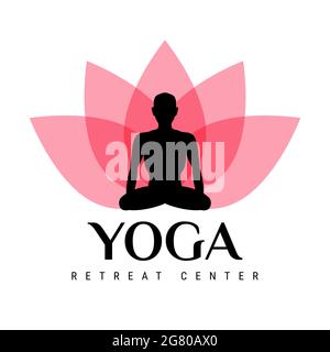 Emblem des Yoga-Rückzugszentrums. Lotusblume und Yogi sitzen in Lotusposition. Illustration. Stockfoto