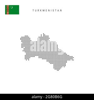 Karte mit quadratischen Punkten von Turkmenistan. Turkmenisch gepunktete Pixelkarte mit Nationalflagge isoliert auf weißem Hintergrund. Illustration. Stockfoto