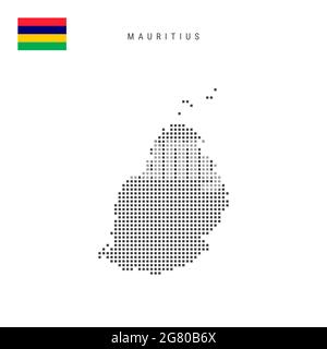 Karte mit quadratischen Punkten von Mauritius. Mauritische gepunktete Pixelkarte mit Nationalflagge isoliert auf weißem Hintergrund. Illustration. Stockfoto