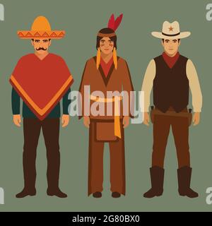 Cowboy, inder und Mexikaner, amerikaner, traditionelle Kultur Stock Vektor