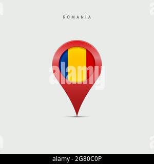 Teardrop-Kartenmarkierung mit Flagge Rumäniens. Rumänische Flagge in die Ortskennzeichnung PIN eingefügt. Illustration isoliert auf hellgrauem Hintergrund. Stockfoto