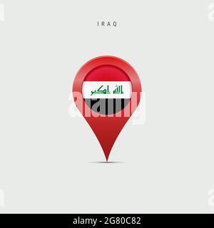 Teardrop-Kartenmarkierung mit Flagge des Irak. Irakische Flagge in die Ortskarte Pin eingefügt. Illustration isoliert auf hellgrauem Hintergrund. Stockfoto