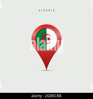 Teardrop-Kartenmarkierung mit Flagge Algeriens. Algerische Flagge in die Ortskennzeichnung Pin eingefügt. Illustration isoliert auf hellgrauem Hintergrund. Stockfoto