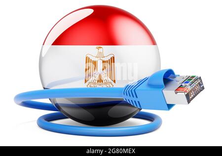 Internetverbindung in Ägypten. LAN-Kabel mit ägyptischer Flagge. 3D-Rendering auf weißem Hintergrund isoliert Stockfoto