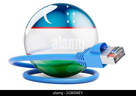 Internetverbindung in Usbekistan. LAN-Kabel mit usbekischer Flagge. 3D-Rendering auf weißem Hintergrund isoliert Stockfoto