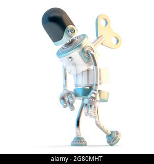 Müde Roboter mit Wind-up-Schlüssel kleben in seinem Rücken. 3D-Illustration. Isoliert Stockfoto