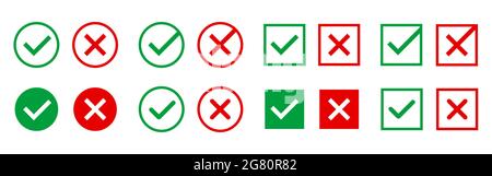 Symbole „genehmigt“ und „abgelehnt“. Grüne und rote Symbole auf weißem Hintergrund. Richtige und falsche Markierungen für Webdesign oder App. Vektorgrafik. Stock Vektor