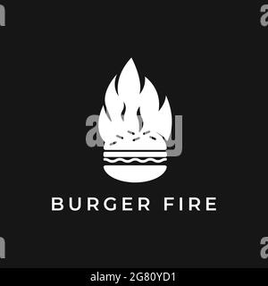 Burger Fire-Logo. Hamburger Restaurant-Design, flaches Design, großer Burger mit Feuer auf dunklem Hintergrund. Stock Vektor