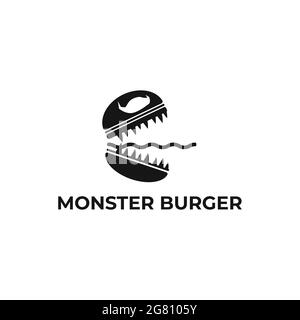 „Burger Monster“-Logo. Hamburger Restaurant-Design, flaches Design, großer Burger in Form eines Monsters auf weißem Hintergrund. Stock Vektor