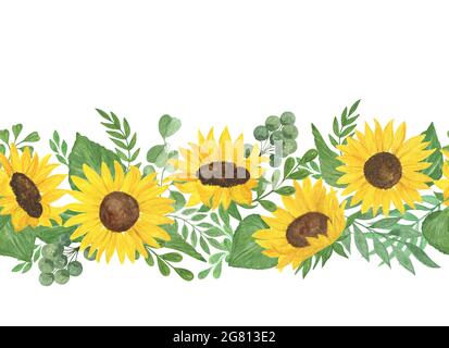 Sonnenblumen und Blätter horizontale Grenze Aquarell Illustration nahtlose Ornament, perfekt für Karten, Einladungen, Stoff mit Kopieplatz Stockfoto