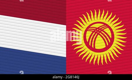 Kirgisistan und Niederlande zwei Half Flags zusammen Stofftextur Illustration Stockfoto