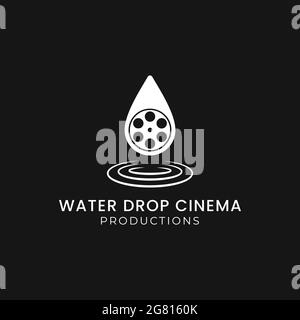 Wassertropfen Kino Movie Studio, Cinematography Filmrolle Produktionskonzept mit Wassertropfen Logo Design Vektor Illustration Symbol isoliert schwarz Backgr Stock Vektor