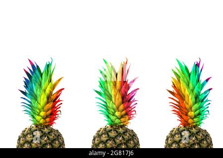 Drei Ananas mit bunten Blättern auf weißem Hintergrund. Speicherplatz kopieren. Stockfoto