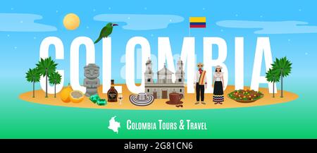 Kolumbien Tourismus-Konzept mit Touren und Reisen bietet Symbole flache Vektor-Illustration Stock Vektor
