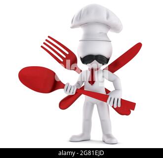 3D-Koch mit Löffel. 3D-Illustration. Isoliert Stockfoto