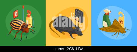 Isometrische Schädlingsbekämpfung Design-Konzept mit quadratischen Zusammensetzungen Satz von Ungeziefer und zerstörende Produkte chemische Reinigungsmittel Vektor-Illustration Stock Vektor