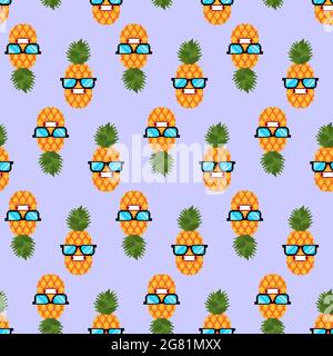 Ananas cool mit Gläsern Pixel Art Muster nahtlos. 8-Bit-Hintergrund Stock Vektor