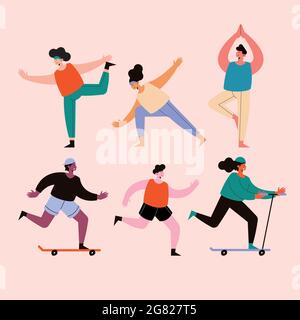 Sechs Personen, die Sportfiguren üben Stock Vektor