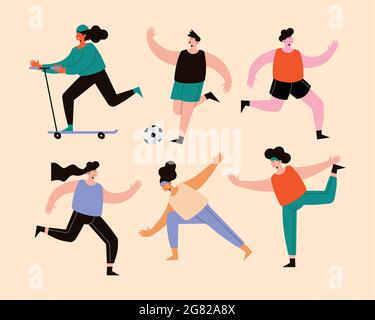 Sechs Sportler üben Sportfiguren Stock Vektor