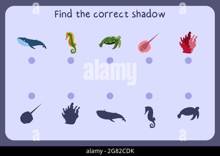Passende Kinder Lernspiel mit Meerestieren - Wal, Seepferd, Schildkröte, Koralle. Finden Sie den richtigen Schatten. Vektorgrafik. Stock Vektor