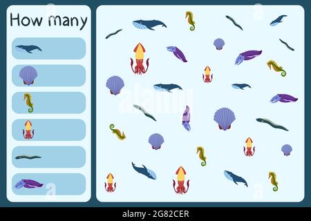 Kinder mathematische Mini-Spiel - zählen, wie viele Meerestiere - Wal, soll, Seepferd, Tintenfisch, muraena, Tintenfisch. Pädagogische Spiele für Kinder. Cartoon Design Vorlage auf bunten Hintergrund. Stock Vektor