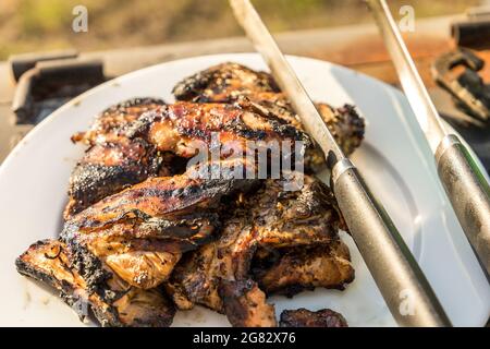 Marinierte und gegrillte Hähnchenschenkel im Freien Stockfoto