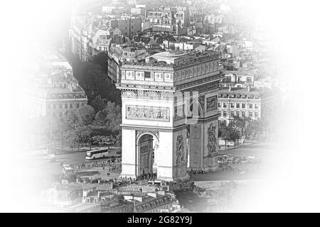 Berühmte Triumph-Bogen genannt Arc de Triomphe in Paris - Luftbild Stockfoto