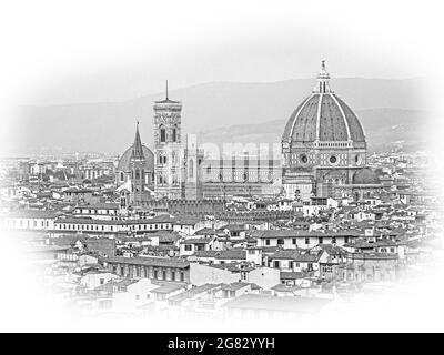 Panoramablick über die Stadt Florenz vom Michelangelo Platz namens Piazzale Michelangelo Stockfoto