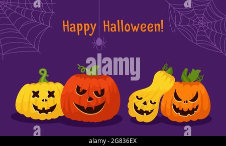 Fröhliche Halloween-Karte, Kürbisgesicht, Spinnennetz und Spinne. Cartoon Kürbisse verängstigt und Smiley Gesichter gruselig grinsen. Lächelndes Symbol Feiertag Partei Halloween Hintergrund. Gruselige Vektorgrafik Stock Vektor