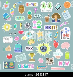 Großer Satz Aufkleber über das Leben der Schüler und zurück zur Schule mit lustigen Cartoon-Elementen und Zitaten, Wissenschaft Objekte. Stock Vektor
