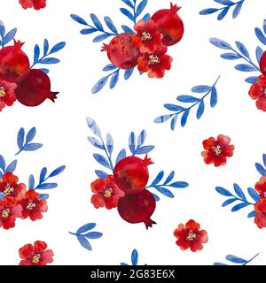 Aquarell-Nahtloses Muster mit Granatapfelblüten und Ästen. Handbemalte Illustration. Stockfoto