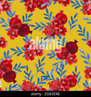 Aquarell-Nahtloses Muster mit Granatapfelblüten und Ästen. Handbemalte Illustration. Stockfoto