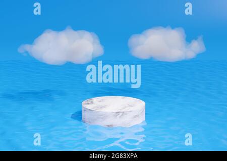 Marmorsockel auf Wasser mit weißen Wolken. 3d-Illustration. Stockfoto