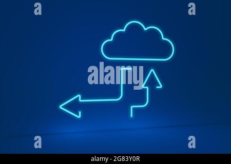 Neonwolkenform mit auf- und Abwärtspfeilen. 3d-Illustration. Stockfoto