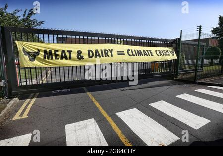 Scunthorpe, Großbritannien. Juli 2021. Während des Protestes ist das Banner „Animal Rebellion“ über dem Haupttor von OSI Food Solutions gefesselt. Über 50 Demonstranten der Animal Rebellion schlossen die einzige Burger-Vertriebsanlage von McDonald's, die OSI Food Solutions-Fabrik in Großbritannien, durch Blockierung des Eingangs mit Bambusbeacons und Fahrzeugen. Die Rebellen fordern McDonald's auf, bis 2025 auf rein pflanzenbasierte Menüs umzusteigen und dem Leid von Milliarden von Menschenleben ein Ende zu setzen und die Klimakrise abzuwenden, während gleichzeitig der Amazonas-Regenwald gerettet wird. Kredit: SOPA Images Limited/Alamy Live Nachrichten Stockfoto