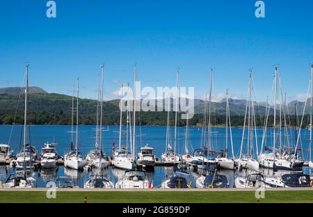 Blick vom 599 Lakesider Open-Topped-Bus von Windermere nach Grasmere am Yachthafen von Low Wood Bay in Cumbria, England, Großbritannien Stockfoto