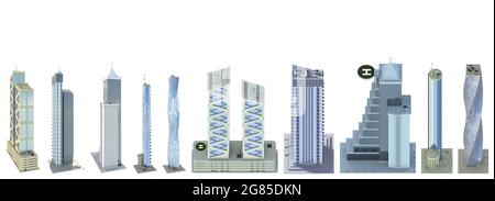 Set aus feinen detaillierten High-Tech-Häusern mit fiktionalem Design und wolkigen Himmel Reflexion - isoliert, High-View-3d-Illustration der Architektur Stockfoto