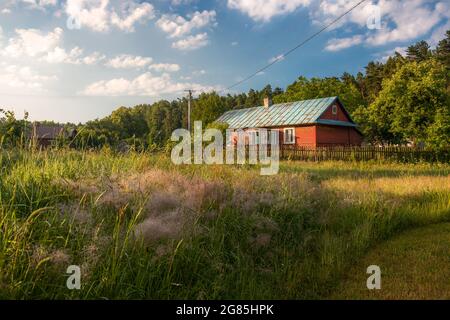 Schönes, altes, polnisches Dorf mit traditionellen landwirtschaftlichen Gebäuden, das im Morgenlicht mitten im Wald liegt. Krasnobród, Roztocze Stockfoto