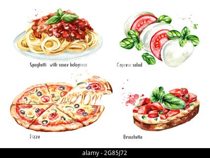 Italienische Küche. Pizza, Spaghetti mit Sause Bolognese, Caprese-Salat, Bruschetta. Aquarell handgezeichnete Illustration isoliert auf weißem Hintergrund Stockfoto