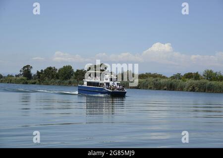 Bootsfahrt auf dem Fluss Ebro, Deltebre, Riumar, Isla de buda, Baix Ebre, Tarragona, Spanien Stockfoto