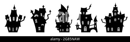 Set aus schwarzen Silhouetten von Geisterhäusern. Gruselige Horror Design Deko für Halloween Party. Gruseliger Hintergrund für die Oktoberparty und Einladungen. Stock Vektor