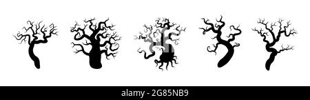 Set aus schwarzen Silhouetten von Bäumen. Gruselige Horror Design Deko für Halloween Party. Gruseliger Hintergrund für die Oktoberparty und Einladungen. Flache Vect Stock Vektor
