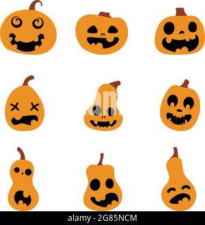 Set Halloween gruselige Kürbisse. Illustration der Gesichtsausdrücke von Jack-o-Laterne. Einfache Sammlung gruselige Horrorbilder von orangen Kürbissen. Isolieren Stock Vektor