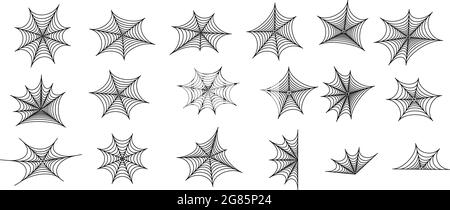 Set aus schwarzen Silhouetten aus Spinnennetz. Gruselige Horror Design Deko für Halloween Party. Gruseliger Hintergrund für die Oktoberparty und Einladungen. Flach Stock Vektor